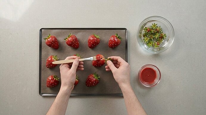 Zwei Hände befestigen mit einem Pinsel und rotem Überzug grüne Erdbeerstrünke an rot glasierten Dessert-Erdbeeren.