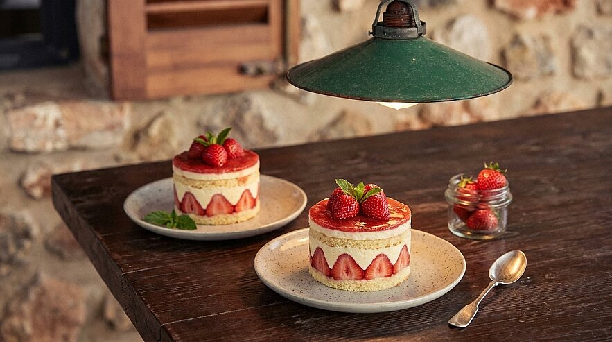Zwei Portionen Erdbeer-Torte auf weißen Tellern, dekoriert mit frischen Erdbeeren und Minzblättern. Ein Glas mit zusätzlichen Erdbeeren steht neben den Torten. Über der Szene hängt eine grüne Lampe, die sanftes Licht auf die Tische strahlt.