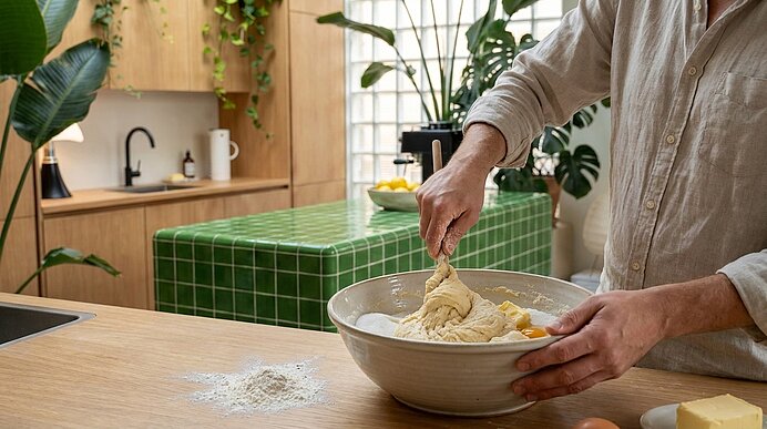 Hände rühren Teig in einer großen Schüssel auf einer Küchenarbeitsplatte; daneben Mehl, Butter und Eier sichtbar.