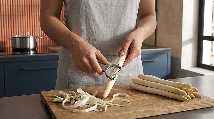 Hände schälen weißen Spargel mit Sparschäler auf einem Holzbrett; geschälte Schalen und weitere Spargelstangen liegen daneben.