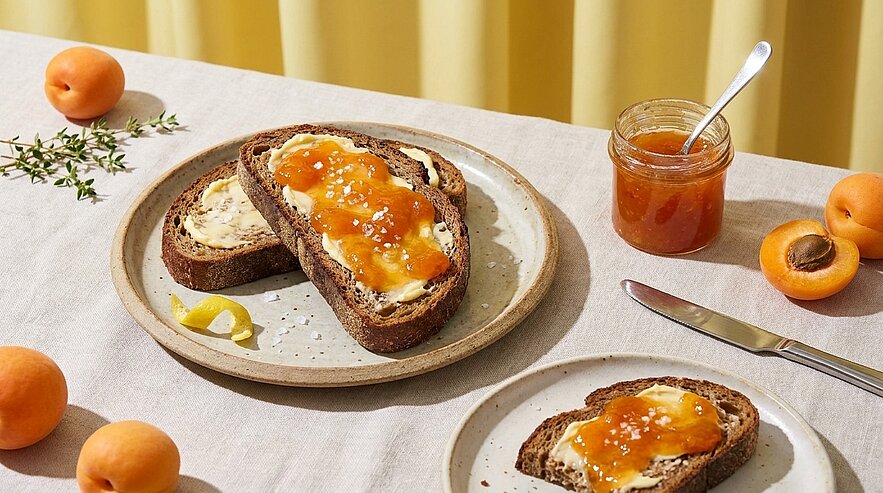 Zwei Scheiben dunkles Vollkornbrot mit Butter und Aprikosenmarmelade auf Tellern; daneben ein Glas Marmelade mit Löffel und mehrere frische Aprikosen.