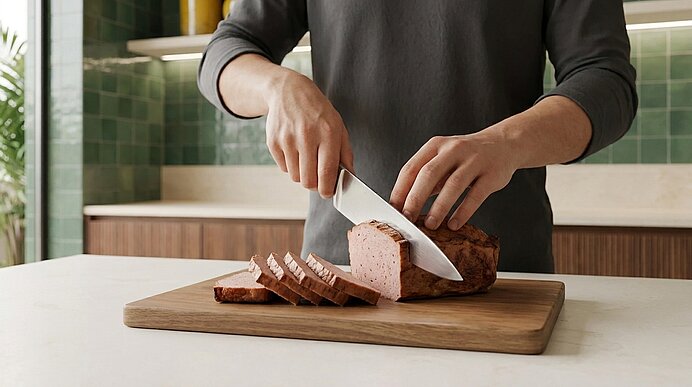 Hände einer Person schneiden auf einem Holzbrett in einer Küche mit einem großen Messer gleichmäßige Scheiben eines rechteckigen Bratens.