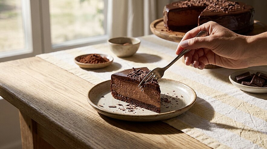 Eine Hand schneidet ein Stück Schokoladentorte mit einer Gabel. Das Stück liegt auf einem flachen Teller, umgeben von kleinen Schalen mit Kakaopulver und Schokoladenteilen. Im Hintergrund steht die ganze Torte auf einem Holztablett.
