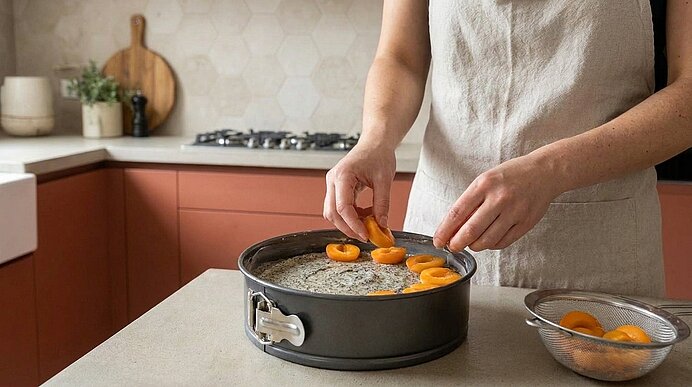 Hände einer Person legen Aprikosenhälften auf Teig in einer Springform; ein Kuchen wird zum Backen vorbereitet.