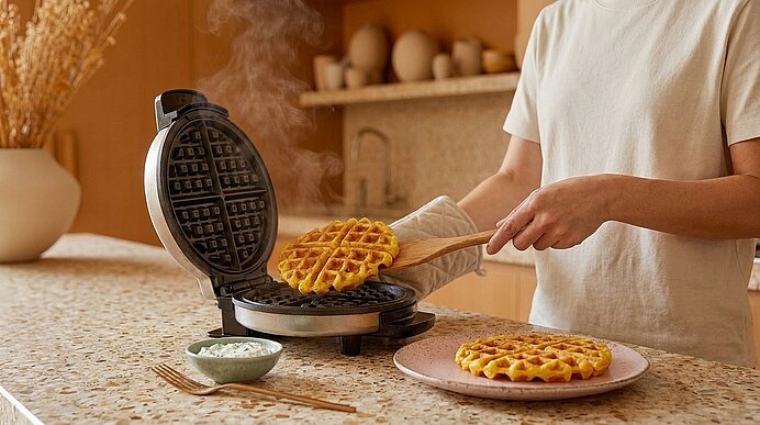 Eine Person nimmt eine frisch gebackene, dampfende Waffel aus einem offenen Waffeleisen und legt sie auf einen Teller.