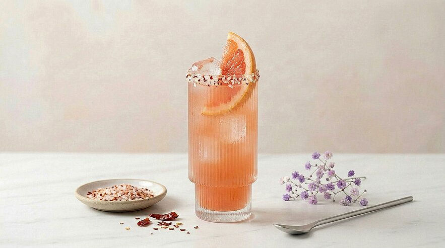 Hoher, geriffelter Cocktailglas mit rosa-oranger Flüssigkeit, Eis, gewürztem Glasrand und einer Grapefruitscheibe als Garnitur.