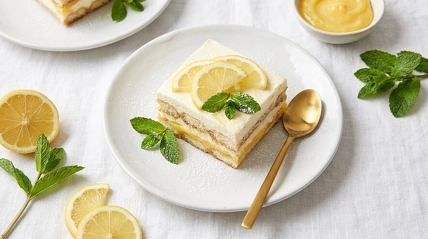 Stück Zitronen-Creme-Torte auf weißem Teller, garniert mit Zitronenscheiben und frischer Minze; goldener Löffel liegt daneben, zusätzliches Schälchen Zitronencreme und Zitronenscheiben am Rand.