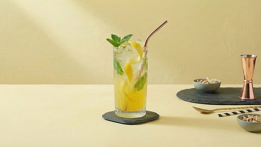 Ein Glas mit einem erfrischenden Getränk, das Zitrusfrüchte und Minzblätter enthält, steht auf einem schwarzen Untersetzer. Im Hintergrund sind eine Kupfer-Messbecher und zwei kleine Schalen mit Snacks zu sehen. Der Hintergrund ist beige.