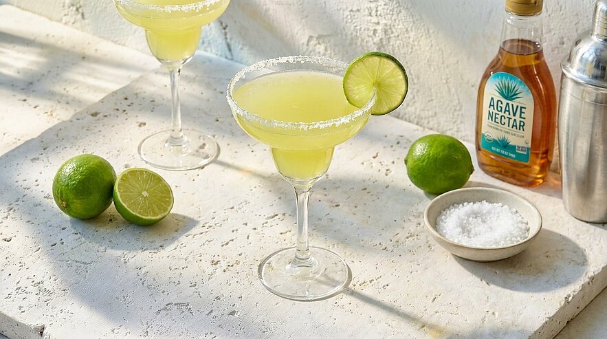 Zwei Margarita-Cocktails in Schalen mit Salzrand und Limettenscheiben, dazu ganze und halbierte Limetten, eine Schale grobes Salz, Flasche Agavennektar und ein Cocktailshaker auf hellem Untergrund.