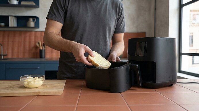 Person legt eine Scheibe Brot in eine Heißluftfritteuse auf der Küchenarbeitsplatte; eine Schale mit Butter steht daneben.