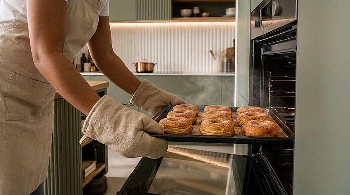 Person mit Ofenhandschuhen nimmt Blech mit mehreren frisch gebackenen Gebäckstücken aus dem Ofen.