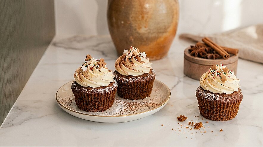 Drei schokoladene Cupcakes stehen auf einem Teller. Sie sind mit heller Buttercreme und bunten Streuseln dekoriert. Im Hintergrund ist eine Vase und ein kleiner Behälter mit Zimtstangen sichtbar. Die Unterlage ist aus marmoriertem Material.