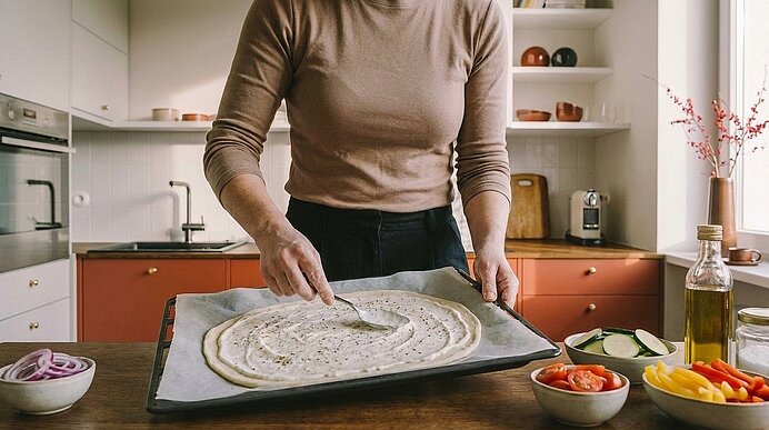 Person in heimischer Küche verteilt mit einem Löffel Sauce auf einem Pizzateig auf einem Backblech; daneben Schälchen mit geschnittenem Gemüse und eine Flasche Olivenöl.