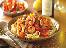 Image of Spaghetti mit Shrimps und Paprikastreifen