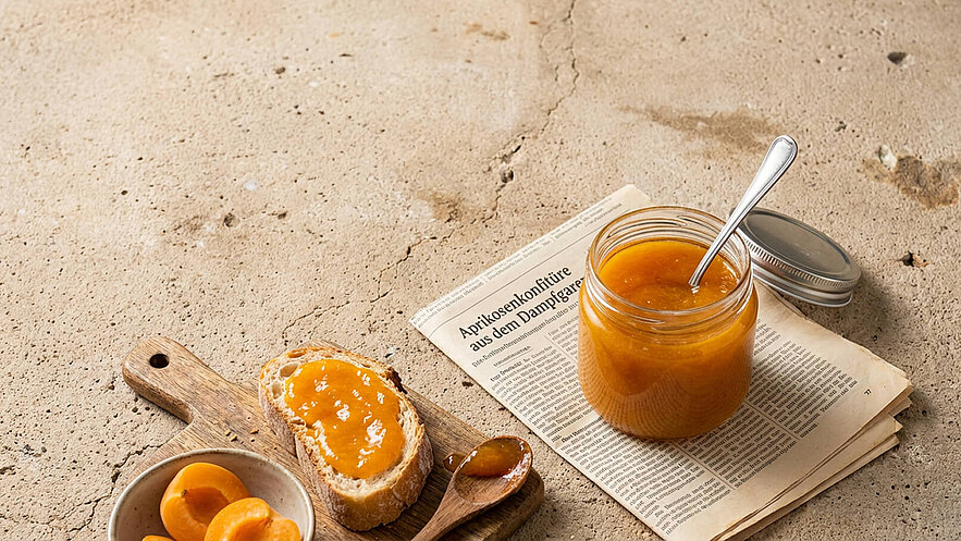 Ein Glas Aprikosenmarmelade steht auf einer Zeitung. Daneben liegt ein Stück Brot, bestrichen mit derselben Marmelade, und ein kleiner Löffel ist auf einem Holzbrett platziert. Im Hintergrund sind einige halbierte Aprikosen zu sehen.