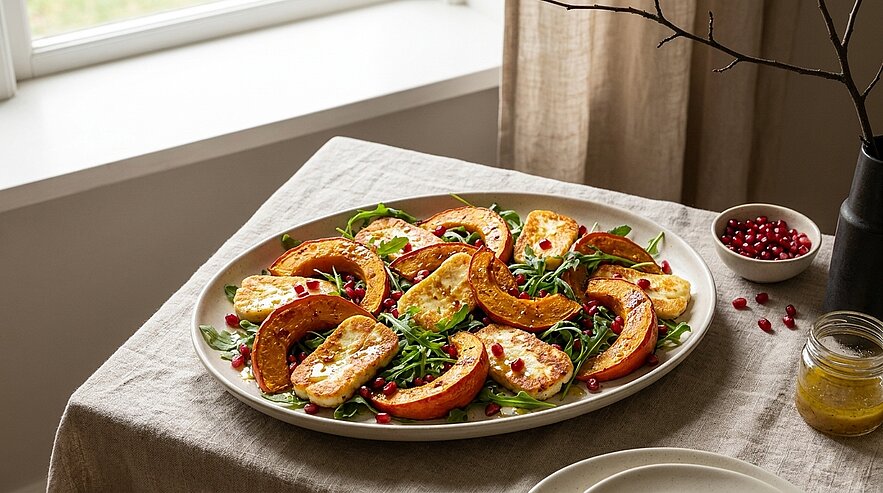 Große Platte mit gerösteten Kürbisspalten und gegrilltem Halloumi auf Rucola, garniert mit Granatapfelkernen.