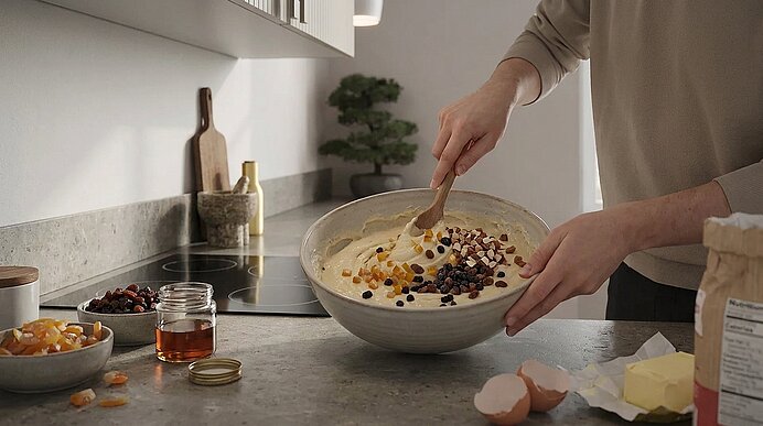 Hände rühren mit einem Holzlöffel Teig in einer großen Schüssel, in den Trockenfrüchte und Schokoladenstückchen eingearbeitet sind; Eier, Butter und ein Marmeladenglas stehen auf der Küchentheke.