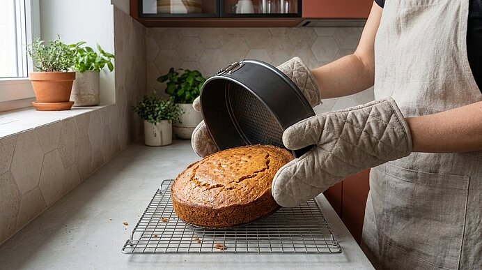 Jemand mit Ofenhandschuhen hebt einen frisch gebackenen runden Kuchen aus einer Springform und setzt ihn auf ein Abkühlgitter auf der Küchenarbeitsfläche.
