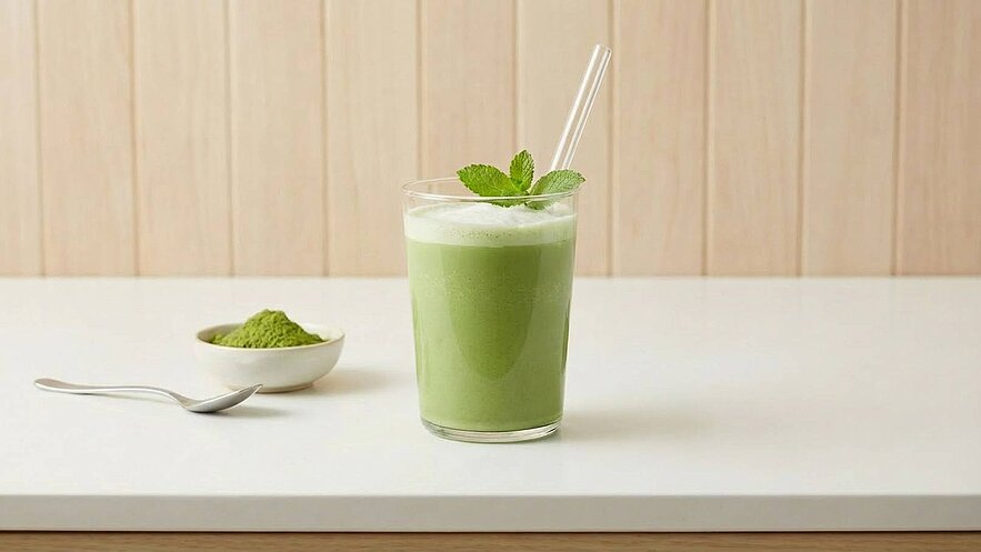 Ein Glas mit grünem Smoothie, garniert mit frischer Minze und einem Strohhalm. Neben dem Glas befindet sich eine kleine Schüssel mit grünem Pulver. Der Hintergrund ist hell und schlicht gehalten.