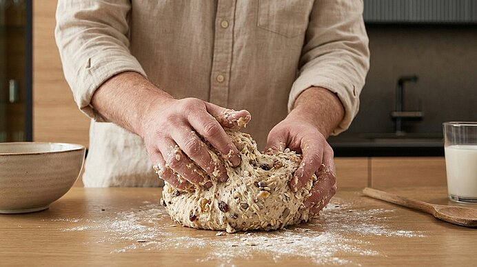 Hände kneten auf einer bemehlten Holzfläche einen grobkörnigen Teig mit Körnern und Nüssen.