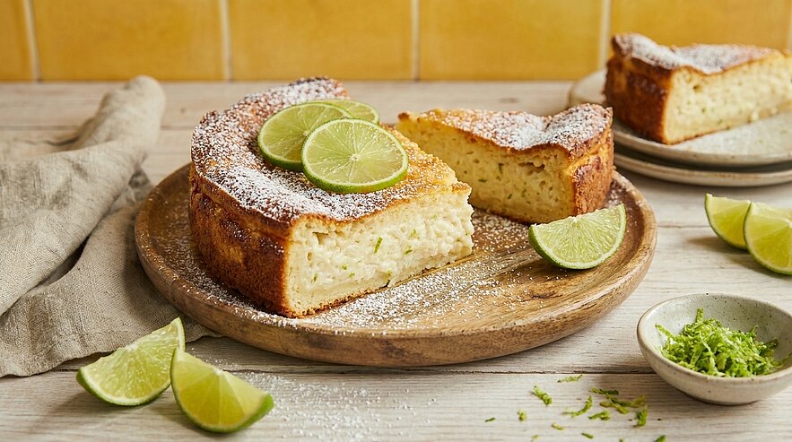 Ein saftiger Kuchen auf einem Holzbrett, dekoriert mit Limettenscheiben und Puderzucker. Ein Stück des Kuchens ist angeschnitten, daneben liegen mehrere Limettenhälften. Im Hintergrund befindet sich ein heller, einfarbiger Wandbereich.