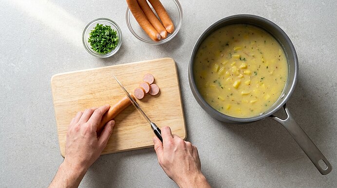 Zwei Hände schneiden Würstchen auf einem Holzbrett neben einem Topf mit cremiger Kartoffelsuppe; daneben Schälchen mit weiteren Würstchen und gehackten Kräutern.