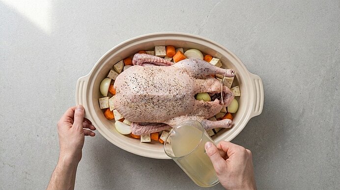 Ganzes gewürztes Brathähnchen in einer ovalen Bratform auf Kartoffel- und Karottenwürfeln; Hände halten die Form und gießen Brühe über das Geflügel.