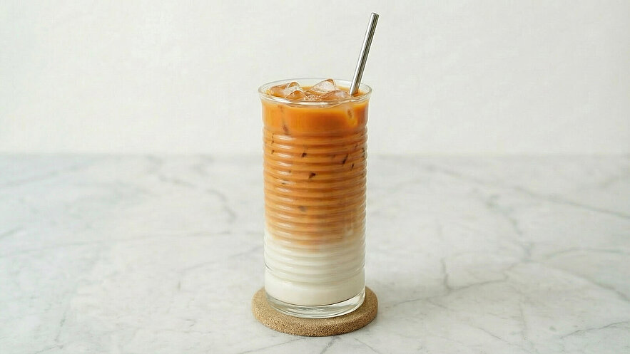 Ein Glas mit einem kalten Kaffeegetränk, das über Eiswürfeln serviert wird. Der Kaffee ist oben und die Milch darunter sichtbar, was einen schönen Farbverlauf bildet. Das Glas steht auf einem Untersetzer auf einer marmorierten Oberfläche.