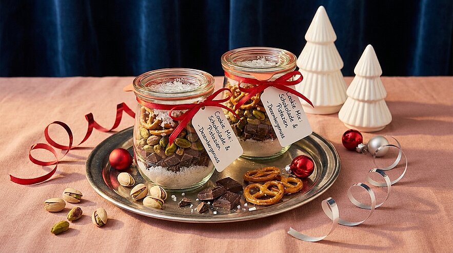 Zwei Gläser als Geschenk mit roten Bändern und Etiketten, gefüllt mit geschichteten Backzutaten, auf einem Tablett mit Brezeln, Pistazien, Schokoladenstücken und weihnachtlicher Dekoration.