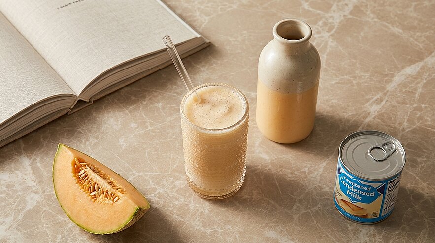 Glas mit cremigem Melonenshake und Strohhalm, daneben ein Melonenstück, eine Flasche Milch und eine Dose gesüßte Kondensmilch auf dem Tisch.