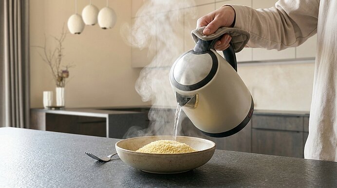 Hand einer Person gießt kochendes Wasser aus einem elektrischen Wasserkocher in eine Schüssel mit Couscous/Grieß; Dampf steigt auf, moderne Küche im Hintergrund.