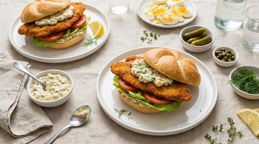 Zwei Brötchen mit knusprigem paniertem Fischfilet, Salat, Tomatenscheiben und cremiger Kräutersauce auf Tellern.