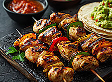 Image of Feurige Hühnerspieße mit Salsa-Dip