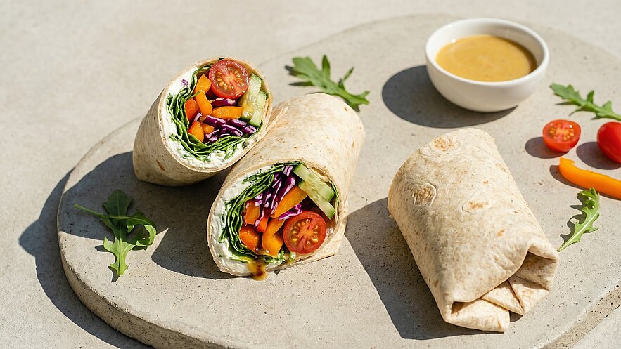 Auf einem grauen Teller liegen zwei gemischte Gemüsewraps, einer aufgeschnitten, der andere ganz. Der aufgeschnittene Wrap enthält frisches Gemüse wie Paprika, Gurke und Tomaten. Neben den Wraps befindet sich eine kleine Schüssel mit einer Sauce und einige bunte Gemüsestücke.