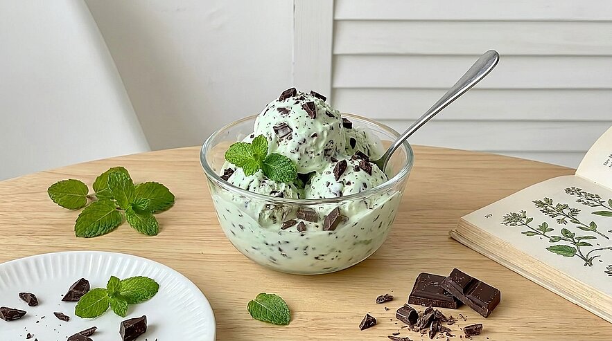 Glas-Schüssel mit Minz-Schokoladeneis, durchzogene Schokostückchen und frische Minzblätter, Löffel im Eis.