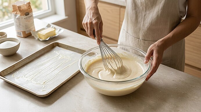 Hände rühren cremigen Teig mit Schneebesen in einer Glasschüssel; daneben ein mit Butter bestrichenes Backblech und Backzutaten auf der Küchenarbeitsfläche.
