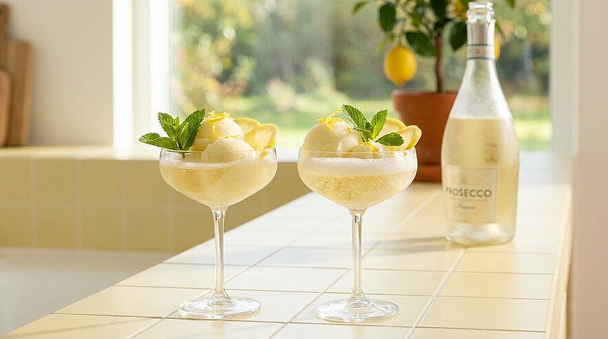 Zwei Coupégläser mit Zitronensorbet, jeweils mit Minzblatt garniert, auf heller Küchenarbeitsplatte; daneben eine gekühlte Prosecco-Flasche.