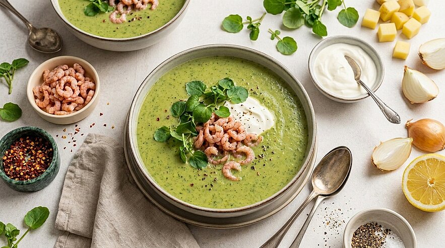 Cremige grüne Suppe in einer Schale, garniert mit einem Klecks saurer Sahne, kleinen Garnelen und frischer Kresse.