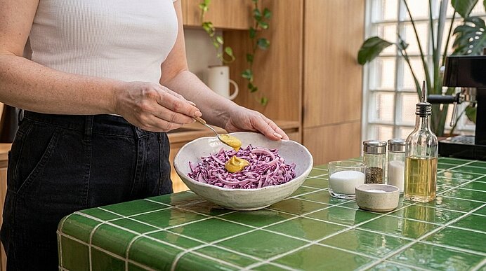 Hände einer Person beträufeln eine Schüssel fein geschnittenen Rotkohlsalat mit Dressing; auf der grünen Fliesentheke stehen Öl, Salz, Pfeffer und kleine Schalen.