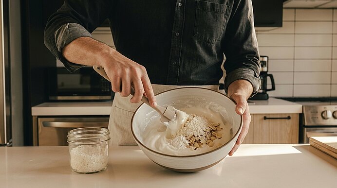 Person in Schürze rührt mit einem Löffel Mehl und Mandelblättchen in einer großen Rührschüssel auf einer Küchenarbeitsfläche.