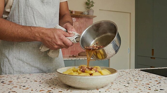Person in Schürze gießt aus einem kleinen Topf warme Soße über eine Schüssel mit geschnittenen Kartoffeln.