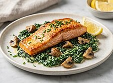 Image of Fruchtiges Lachsfilet mit Rahmspinat und Pilzen