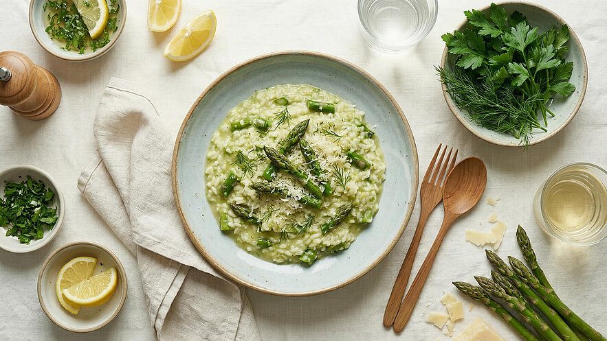 Ein Teller mit cremigem Risotto, garniert mit grünen Spargelstücken und frischen Kräutern. Daneben liegen Zitronenscheiben, Schalen mit gehackten Kräutern, Holzbesteck und ein Glas weißen Wein. Der Hintergrund ist hell und setzt den Fokus auf das Gericht.