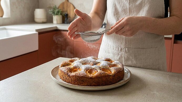 Hände einer Person bestäuben mit einem feinen Sieb einen runden Obstkuchen mit Aprikosenhälften auf einem Teller mit Puderzucker.
