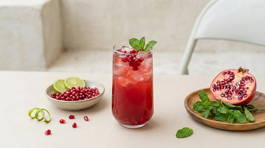 Ein Glas mit einem erfrischenden Getränk, gefüllt mit Eis und Granatapfelkernen, steht auf einem Tisch. Neben dem Glas liegen auf einem Teller weitere Granatapfelkerne und frische Minze. Limettenscheiben sind ebenfalls auf dem Tisch platziert.