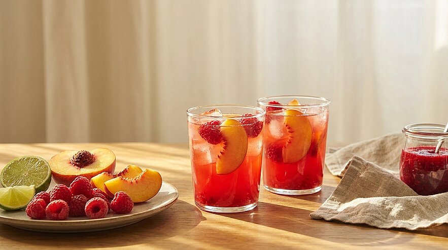 Auf dem Tisch stehen zwei Gläser mit einem fruchtigen Getränk, das Himbeeren und Pfirsichscheiben enthält. Neben den Gläsern liegt ein Teller mit frischen Himbeeren, geschnittenem Pfirsich und einer Limette. Ein Glas mit fruchtigem Aufstrich ist ebenfalls sichtbar.