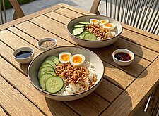 Image of Reis Bowl mit Gurke, Ei und Crispy Onions
