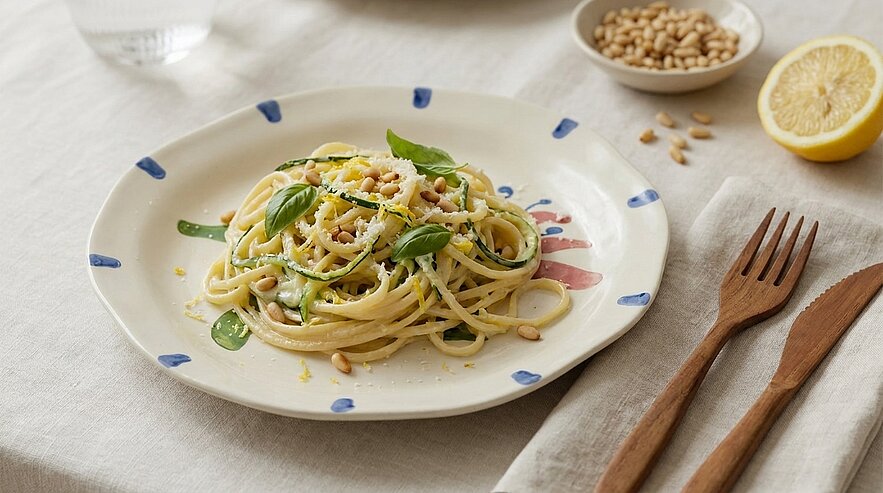 Teller mit Spaghetti, garniert mit frischen Basilikumblättern, Pinienkernen und Zitronenzesten.