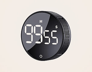 Digitale Uhr in schwarzem Gehäuse mit weißer Anzeige. Die Zahlen zeigen "99:55", wobei "M" für Minuten und "S" für Sekunden steht. Der Timer hat eine runde Form und eine minimalistische Gestaltung.