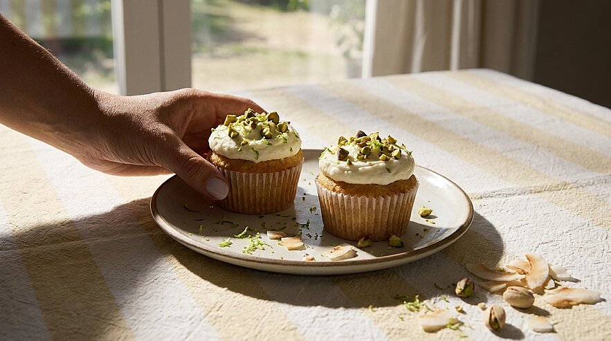 Eine Hand greift nach einem Teller mit zwei frisch gebackenen Cupcakes. Die Cupcakes sind mit einer cremigen Oberseite und gehackten Pistazien dekoriert. Der Teller steht auf einem Tisch mit heller Tischdecke, umgeben von einigen Pistazienstückchen.